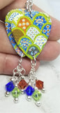 Green and Blue Scalloped Quilt Pattern Guitar Pick Swarovski Crystal Dangles