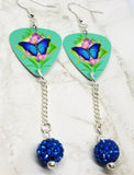 Blue Butterfly Guitar Pick Earrings with Capri Blue Pave Bead Dangles