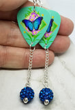 Blue Butterfly Guitar Pick Earrings with Capri Blue Pave Bead Dangles