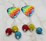 Colorful Tie Dye Guitar Pick Earrings with Pave Bead Dangles