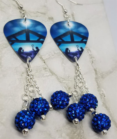Nativity Scene Guitar Pick Earrings with Capri Blue Pave Bead Dangles