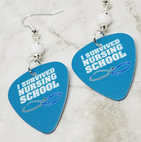 I Survived Nursing School Guitar Pick Earrings with White Swarovski Crystals