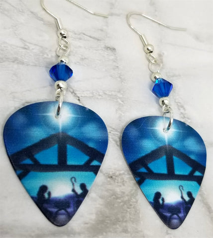 Nativity Scene Guitar Pick Earrings with Capri Blue Swarovski Crystals