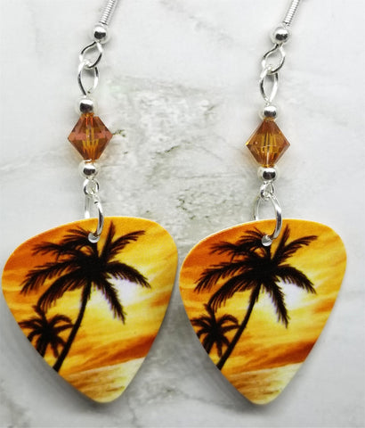 Palm Trees and Sun Tropical Scene Guitar Pick Earrings with Copper Swarovski Crystals