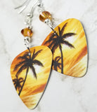 Palm Trees and Sun Tropical Scene Guitar Pick Earrings with Copper Swarovski Crystals