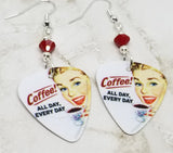 Coffee All Day Every Day Guitar Pick Earrings with Red Swarovski Crystals