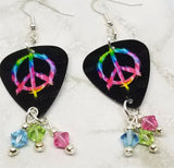 Colorful Peace Sign Guitar Pick Earrings with Swarovski Crystal Dangles