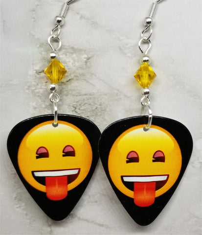 Emoji Tongue Sticking Out Face Guitar Pick Earrings with Yellow Swarovski Crystals