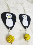 Penguin Guitar Pick Earrings with Yellow Pave Bead Dangles
