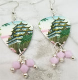 Tsuchiya Koitsu Nagoya Castle Guitar Pick Earrings with Rose Alabaster Swarovski Crystal Dangles