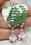 Tsuchiya Koitsu Nagoya Castle Guitar Pick Earrings with Rose Alabaster Swarovski Crystal Dangles