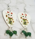 Lucky Cat Guitar Pick Earrings with Green Swarovski Crystal Dangles