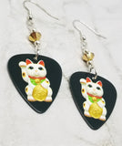 Lucky Cat Guitar Pick Earrings with Gold Swarovski Crystals
