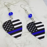 American Flag with Blue Line Police Support Guitar Pick Earrings with Blue Swarovski Crystals