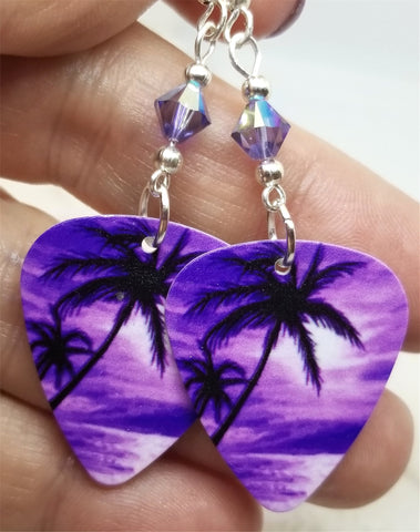 Palm Trees and Sun Purple Tropical Scene Guitar Pick Earrings with Purple AB Swarovski Crystals