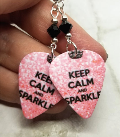 Keep Calm and Sparkle Guitar Pick Earrings with Black Swarovski Crystals
