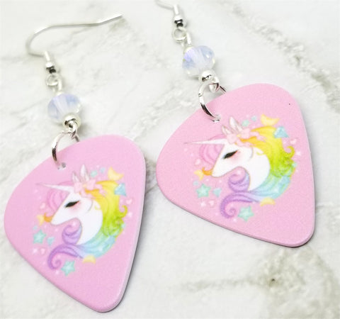 Unicorn on Soft Pink Guitar Pick Earrings with Opal AB Swarovski Crystals