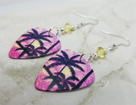 Palm Trees and Sun Tropical Scene Guitar Pick Earrings with Pale Yellow Swarovski Crystals