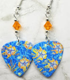 Hibiscus Flowers Guitar Pick Earrings with Orange Swarovski Crystals