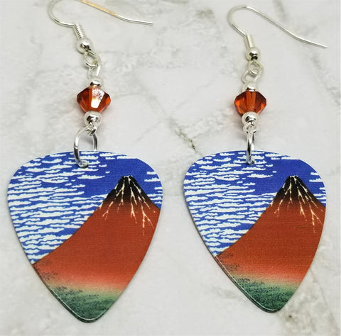 Mt. Fuji Japanese Painting Guitar Pick Earrings with Indian Red Swarovski Crystals