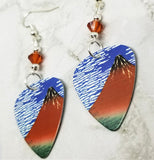 Mt. Fuji Japanese Painting Guitar Pick Earrings with Indian Red Swarovski Crystals
