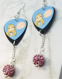 Sloth with Coffee Guitar Pick Earrings with Pink Pave Bead Dangles