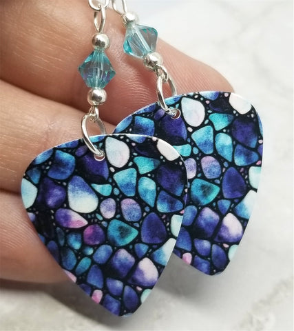 Blue Cobblestone Pattern Guitar Pick Earrings with Transparent Turquoise Swarovski Crystals