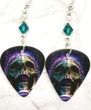 Skull Guitar Pick Earrings with Teal Swarovski Crystals