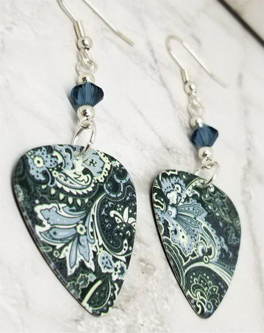 Blue Flowery Pattern Guitar Pick Earrings with Blue Swarovski Crystals