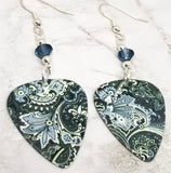 Blue Flowery Pattern Guitar Pick Earrings with Blue Swarovski Crystals