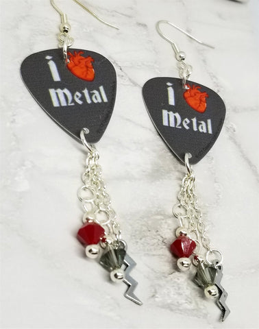 I Heart Metal Guitar Pick Earrings with Lightning Charms and Swarovski Crystal Dangles