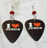 I Love Jesus Black Guitar Pick Earrings with Red Swarovski Crystals