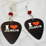 I Love Jesus Black Guitar Pick Earrings with Red Swarovski Crystals