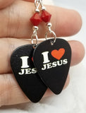 I Love Jesus Black Guitar Pick Earrings with Red Swarovski Crystals