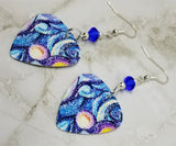 Blue Abstract Pattern Guitar Pick Earrings with Blue Swarovski Crystals