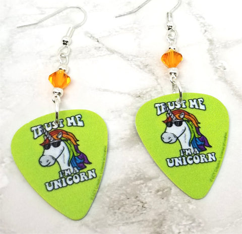 Trust Me I'm A Unicorn Guitar Pick Earrings with Orange Swarovski Crystals