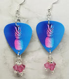 Blue and Pink Pineapple Guitar Pick Earrings with Pink Swarovski Crystal Dangles
