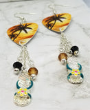 Palm Trees and Sun Tropical Scene Guitar Pick Earrings with Charm and Swarovski Crystal Dangles