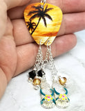 Palm Trees and Sun Tropical Scene Guitar Pick Earrings with Charm and Swarovski Crystal Dangles