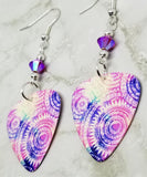 Colorful Cog Pattern Guitar Pick Earrings with Fuchsia AB Swarovski Crystals