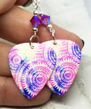 Colorful Cog Pattern Guitar Pick Earrings with Fuchsia AB Swarovski Crystals