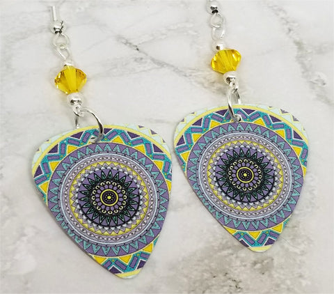 Yellow and Blue Mandala Guitar Pick Earrings with Yellow Swarovski Crystals