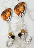 Two Horses Guitar Pick Earrings with Swarovski Crystal and Horseshoe Charm Dangles