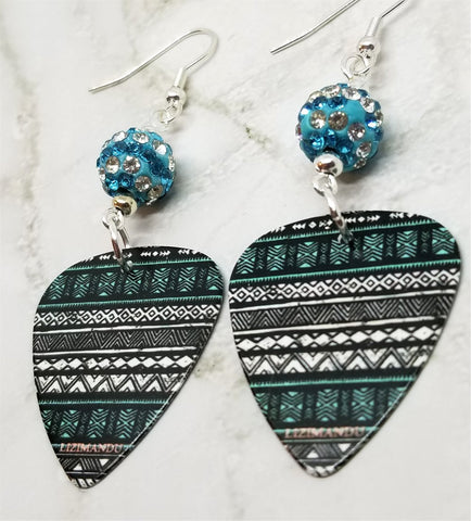 Turquoise and Black Tribal Print Guitar Pick Earrings with Blue and White Striped Pave Beads