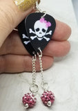 Girl Skull Guitar Pick Earrings with Pink Ombre Pave Beads Dangles
