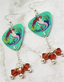 Mermaid with Trident Guitar Pick Earrings with Indian Red Swarovski Crystal Dangles