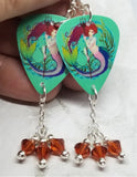 Mermaid with Trident Guitar Pick Earrings with Indian Red Swarovski Crystal Dangles