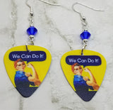 Rosie the Riveter Guitar Pick Earrings with Blue Swarovski Crystals