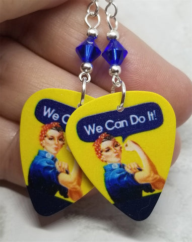 Rosie the Riveter Guitar Pick Earrings with Blue Swarovski Crystals