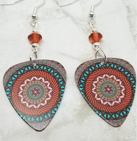 Mandala Guitar Pick Earrings with Indian Red Swarovski Crystals